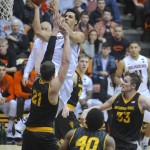  Oregon State's Victor Robbins shoots against Arizona State's Eric Jacobsen (21) during the second half of an NCAA college basketball game in Corvallis, Ore., Thursday Jan. 8, 2015. Oregon State won 55-47. (AP Photo/Greg Wahl-Stephens)