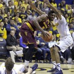 Arizona State's Savon Goodman looks to pass away from California's Tyrone Wallace, right, during the first half of an NCAA college basketball game Thursday, Jan. 22, 2015, in Berkeley, Calif. (AP Photo/Ben Margot)