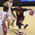 Arizona State's Carrick Felix (0) drives against Oregon State's Challe Barton (4) during the first half of an NCAA college basketball game in Corvallis, Ore., Thursday Jan. 10, 2013. (AP Photo/Greg Wahl-Stephens)