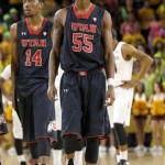 Utah's Delon Wright (55) and Dakarai Tucker (14) walk down the court in the closing moments during the second half of an NCAA basketball game against Arizona State Thursday, Jan. 23, 2014, in Tempe, Ariz. Arizona State defeated Utah 79-75. (AP Photo/Ross D. Franklin)