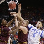 Arizona State's Carrick Felix (0) and Jonathan Gilling (31) battle for a rebound against UCLA's Kyle Anderson in the first half during a Pac-12 tournament NCAA college basketball game, Thursday, March 14, 2013, in Las Vegas. (AP Photo/Julie Jacobson)