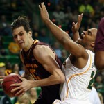 Arizona State's Jordan Bachynski, left, drives into Baylor Rico Gathers (2), right, during the first half of an NIT second-round college basketball game in Waco, Texas, Friday, March, 22, 2013. (AP Photo/Waco Tribune Herald, Rod Aydelotte)