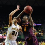 Arizona State Carrick Felix, right, drives on Baylor's Isaiah Austin, left, during the first half of an NIT second-round college basketball game in Waco, Texas, Friday, March, 22, 2013. (AP Photo/Waco Tribune Herald, Rod Aydelotte)