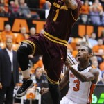 Arizona State's Jahii Carson (1) shoots against Oregon State's Ahmad Starks (3) during the first half of an NCAA college basketball game in Corvallis, Ore., Thursday Jan. 10, 2013. (AP Photo/Greg Wahl-Stephens)