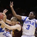 Arizona State's Jonathan Gilling, center, battles for a rebound against UCLA's Kyle Anderson, left, and Jordan Adams in the second half during a Pac-12 tournament NCAA college basketball game on Thursday, March 14, 2013, in Las Vegas. UCLA won 80-75. (AP Photo/Julie Jacobson)