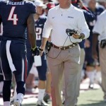Arizona head coach Rich Rodriguez, right, exchanges handshakes with Dan Bucker (4) on the sidelines during the first half of an NCAA college football game against Colorado at Arizona Stadium in Tucson, Ariz., Saturday, Nov. 10, 2012. (AP Photo/John Miller)
