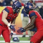 Arizona's Scooby Wright III, left, goes through a pre-game ritual with teammate William Parks prior to the Fiesta Bowl NCAA college football game against Boise State, Wednesday, Dec. 31, 2014, in Glendale, Ariz. (AP Photo/Ross D. Franklin)