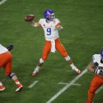 Boise State quarterback Grant Hedrick (9) throws against Arizona during the first half of the Fiesta Bowl NCAA college football game, Wednesday, Dec. 31, 2014, in Glendale, Ariz. (AP Photo/Matt York)