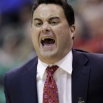 Arizona head coach Sean Miller shouts to his team during the first half of a second-round game against Belmont in the NCAA college basketball tournament in Salt Lake City Thursday, March 21, 2013. (AP Photo/Rick Bowmer)