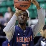  Belmont's Iam Clark (21) shoots during practice for a second-round game of the NCAA college basketball tournament, Wednesday, March 20, 2013, in Salt Lake City. Belmont is scheduled to play Arizona on Thursday. (AP Photo/Rick Bowmer)