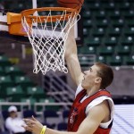  Arizona's Kaleb Tarczewski goes to the basket during practice for a second-round game of the NCAA college basketball tournament, Wednesday, March 20, 2013, in Salt Lake City. Arizona is scheduled to play Belmont Thursday. (AP Photo/Rick Bowmer)