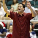 Arizona head coach Sean Miller calls a play while his team plays against San Diego State in the first half of an NCAA college basketball game at the Diamond Head Classic, Tuesday, Dec. 25, 2012, in Honolulu. (AP Photo/Eugene Tanner)