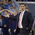 Arizona coach Sean Miller questions a call during the second half of an NCAA college basketball game against UCLA, Saturday, March 2, 2013, in Los Angeles. UCLA won 74-69. (AP Photo/Mark J. Terrill)