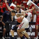 Arizona's Brandon Ashley, in front, drives to the basket against the defense of Fairleigh Dickinson's Mathias Seilund, in back, in the second half of an college NCAA basketball game, Monday, Nov. 18, 2013 in Tucson, Ariz. This is in the first round of the Preseason NIT. (AP Photo/John Miller)