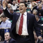 Arizona head coach Sean Miller shouts to his team in the first half during a second-round game against Belmont in the NCAA college basketball tournament in Salt Lake City, Thursday, March 21, 2013. Arizona won 81-64. (AP Photo/Rick Bowmer)