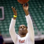  Belmont's Kerron Johnson shoots during practice for a second-round game of the NCAA college basketball tournament, Wednesday, March 20, 2013, in Salt Lake City. Belmont is scheduled to play Arizona on Thursday. (AP Photo/Rick Bowmer)
