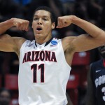 Arizona forward Aaron Gordon reacts after scoring a basket while playing Gonzaga during the first half of a third-round game in the NCAA college basketball tournament, Sunday, March 23, 2014, in San Diego. (AP Photo/Denis Poroy)