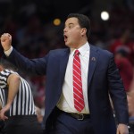 Arizona head coach Sean Miller reacts during the first half of a college basketball regional semifinal against Xavier in the NCAA Tournament, Thursday, March 26, 2015, in Los Angeles. (AP Photo/Mark J. Terrill)