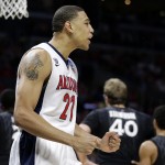Arizona forward Brandon Ashley reacts after scoring against Xavier during the first half of a college basketball regional semifinal in the NCAA Tournament, Thursday, March 26, 2015, in Los Angeles. (AP Photo/Jae C. Hong)