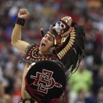 The San Diego State mascot cheers during the first half against Arizona in an NCAA men's college basketball tournament regional semifinal, Thursday, March 27, 2014, in Anaheim, Calif. (AP Photo/Mark J. Terrill)