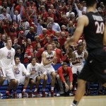 The Arizona bench cheers during the second half in a regional semifinal NCAA college basketball tournament game against San Diego State, Thursday, March 27, 2014, in Anaheim, Calif. (AP Photo/Jae C. Hong)