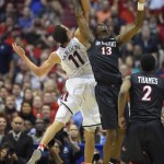 Arizona forward Aaron Gordon (11) and San Diego State forward Winston Shepard (13) battle for the rebound during the second half in a regional semifinal NCAA college basketball tournament game, Thursday, March 27, 2014, in Anaheim, Calif. (AP Photo/Mark J. Terrill)