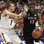 San Diego State forward Winston Shepard (13) drives past Arizona guard Gabe York (1) during the first half in a regional semifinal of the NCAA men's college basketball tournament, Thursday, March 27, 2014, in Anaheim, Calif. (AP Photo/Jae C. Hong)