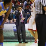 Arizona coach Sean Miller points during the second half of his team's NCAA college basketball game against UCLA in the semifinals of the Pac-12 conference tournament Friday, March 13, 2015, in Las Vegas. Arizona defeated UCLA 70-64. (AP Photo/John Locher)