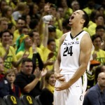 Oregon forward Dillon Brooks reacts after an Oregon play during the first half of an NCAA college basketball game against Arizona on Thursday, Jan. 8, 2015, in Eugene, Ore. (AP Photo/Ryan Kang)