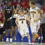Arizona guard T.J. McConnell (4) reacts as San Diego State forward Winston Shepard (13) looks away during the second half in a regional semifinal NCAA college basketball tournament game, Thursday, March 27, 2014, in Anaheim, Calif. (AP Photo/Mark J. Terrill)