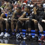 The San Diego State bench watches during the second half in a regional semifinal NCAA college basketball tournament game against Arizona, Thursday, March 27, 2014, in Anaheim, Calif. (AP Photo/Mark J. Terrill)