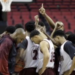 The Texas Southern team huddles after practice at the NCAA college basketball tournament in Portland, Ore., Wednesday, March 18, 2015. Texas Southern plays Arizona in the second round on Thursday. (AP Photo/Don Ryan)