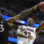 Arizona forward Rondae Hollis-Jefferson (23) shoots over San Diego State forward Winston Shepard (13) during the first half in a regional semifinal of the NCAA men's college basketball tournament, Thursday, March 27, 2014, in Anaheim, Calif. (AP Photo/Mark J. Terrill)