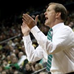 Oregon coach Dana Altman yells to his players during the first half of an NCAA college basketball game against Arizona on Thursday, Jan. 8, 2015, in Eugene, Ore. (AP Photo/Ryan Kang)