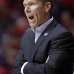 Gonzaga head coach Mark Few yells from the bench as the team plays Arizona during the first half of a third-round game in the NCAA college basketball tournament Sunday, March 23, 2014, in San Diego. (AP Photo/Lenny Ignelzi)