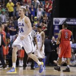 UCLA's Travis Wear reacts after beating Arizona 66-64 during a semifinal Pac-12 tournament NCAA college basketball game, Friday, March 15, 2013, in Las Vegas. (AP Photo/Julie Jacobson)