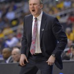 Ohio State coach Thad Matta reacts during the first half of a West Regional semifinal against Arizona in the NCAA men's college basketball tournament, Thursday, March 28, 2013, in Los Angeles. (AP Photo/Mark J. Terrill)