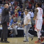 Ohio State coach Thad Matta, left, congratulates Deshaun Thomas after the Buckeyes defeated Arizona 73-70 in a West Regional semifinal in the NCAA men's college basketball tournament, Thursday, March 28, 2013, in Los Angeles. (AP Photo/Mark J. Terrill)