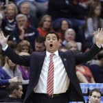 Arizona coach Sean Miller shouts to his team in the first half during a third-round game against Harvard in the NCAA men's college basketball tournament in Salt Lake City Saturday, March 23, 2013. (AP Photo/Rick Bowmer)
