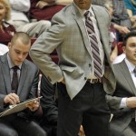 Montana coach Travis DeCuire reacts to a foul called against his team during the first half of an NCAA college basketball game against Northern Arizona in the semifinals of the Big Sky tournament in Missoula, Mont., on Friday, March 13, 2015. (AP Photo/Michael Albans)