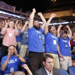 
              Minnesota Timberwolves fans, including fans wearing "Karl!!" T-shirts, cheer as Kentucky center Karl-Anthony Towns is picked No. 1 by the Timberwolves, during their NBA basketball team's draft party in Minneapolis, Thursday, June 25, 2015. (AP Photo/Ann Heisenfelt)
            
