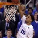 
              FILE - In this April 4, 2015, file photo, Duke's Jahlil Okafor (15) dunks the ball against Michigan State during the second half of the NCAA Final Four national semifinal college basketball game in Indianapolis.  Small ball was the story of the NBA Finals. It might seem temporarily forgotten at the start of the NBA draft. The first three players taken Thursday could easily be a trio of big guys, including Okafor. (AP Photo/Darron Cummings, File)
            