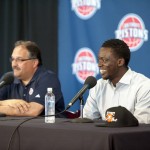 
              Pistons head coach Stan Van Gundy, left, and guard Reggie Jackson talk during a news conference Monday, July 20, 2015, in Auburn Hills, Mich. Pistons have taken care of one priority for this offseason — bringing restricted free agent Jackson back as the team's point guard. (David Guralnick /Detroit News via AP)  DETROIT FREE PRESS OUT; HUFFINGTON POST OUT; MANDATORY CREDIT
            