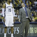 
              Memphis Grizzlies head coach David Joerger reacts to a call as Memphis Grizzlies guard Vince Carter (15) looks o in the first half of Game 4 of a second-round NBA basketball Western Conference playoff series against the Golden State Warriors, Monday, May 11, 2015, in Memphis, Tenn. (AP Photo/Mark Humphrey)
            