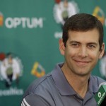 
              Boston Celtics head coach Brad Stevens smiles during a news conference at the Celtics basketball training facility, Tuesday, June 30, 2015, in Waltham, Mass. Celtics NBA draft picks Terry Rozier, Jordan Mickey, R.J. Hunter and Marcus Thornton were introduced to the media. (AP Photo/Stephan Savoia)
            
