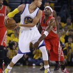 
              Golden State Warriors guard Stephen Curry (30) is guarded by Houston Rockets guard Jason Terry during the first half of Game 5 of the NBA basketball Western Conference finals in Oakland, Calif., Wednesday, May 27, 2015. (AP Photo/Ben Margot)
            