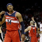 
              Washington Wizards' Paul Pierce, walks away after a confrontation with Atlanta Hawks' DeMarre Carroll, not pictured, in the third quarter of Game 5 of the second round of the NBA basketball playoffs Wednesday, May 13, 2015, in Atlanta. (AP Photo/John Bazemore)
            