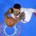 
              FILE - In this May 2, 2015, file photol, Los Angeles Clippers forward Matt Barnes dunks during Game 7 in the Clippers' first-round NBA basketball playoff series against the San Antonio Spurs in Los Angeles. The Charlotte Hornets have traded guard Lance Stephenson to the Clippers for center Spencer Hawes and Barnes. (AP Photo/Mark J. Terrill, File)
            