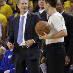 
              Golden State Warriors head coach Steve Kerr, left, talks with referee Zach Zarba (28) during the second half of Game 2 of basketball's NBA Finals against the Cleveland Cavaliers in Oakland, Calif., Sunday, June 7, 2015. (AP Photo/Ben Margot)
            
