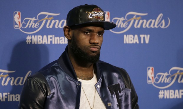 Cleveland Cavaliers forward LeBron James speaks at a news conference after Game 5 of basketball&#82...